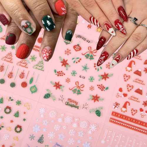 30Pcs/Set Glitter Christmas Nail Sticker 3D Self- Adhesive Nail Decals with Cute Penguin Deer Snowman Snowflake Elk Santa Claus Design Xmas Nail Art Stickers for Women Winter Holiday Nail Decorations