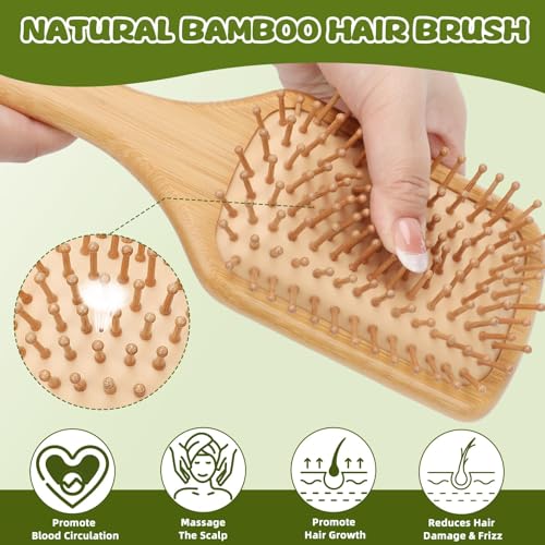 16 PCS Bamboo Hair Brush for Hair Growth Natural Bamboo Paddle Hairbrush with 12 Multicolor Pens Massaging Scalp Brush for Women Men Detangling Curly Thick Wavy Hair DIY Gift for Crafts