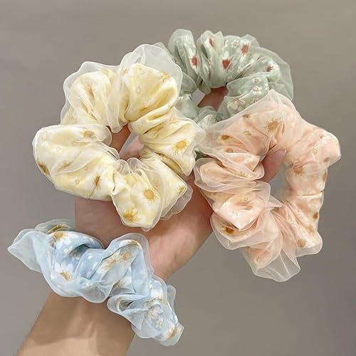 Daisy Floral Hair Ties for Girls - Elastic Non-Slip Ponytail Holders for Thick and Thin Hair, Scrunchies Hair Accessories for Women, 4Pcs