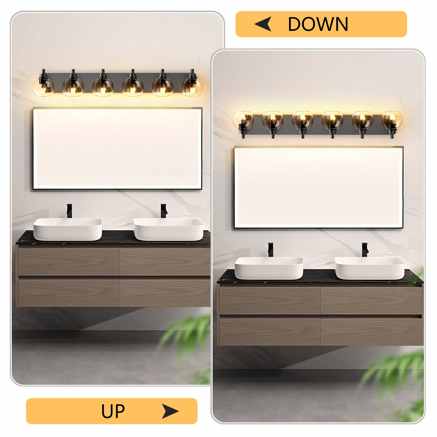 6-Light Bathroom Vanity Light Fixture - Rustic Black Glass Shade