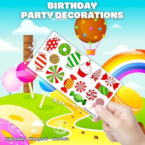 96 PCS Cute Candyland Candy Land Temporary Tattoos Theme First Birthday Party Decorations Favors Supplies Decor Kids Tattoo Stickers Gifts For Kids Boys Girls Prizes Carnival Christmas Xmas Hoiliday