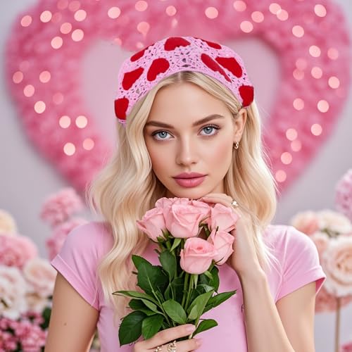 hoyuwak Crochet Head Scarf Bandanas Heart Headbands Hair Scarf Head Coverings Pink Hair Accessories for Women Hair Styling Valentine's Day Holiday Decor