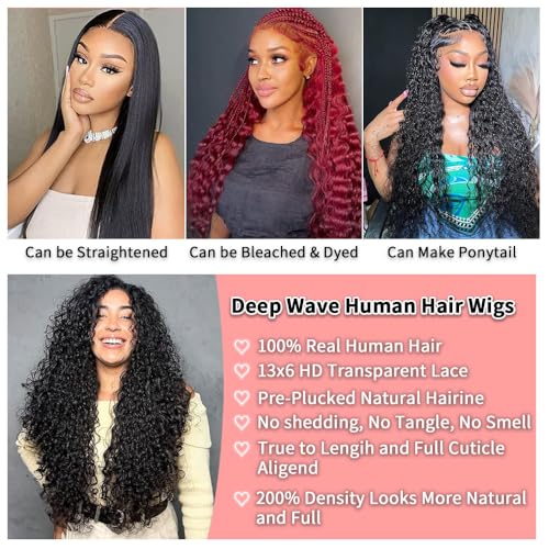 13x6 Deep Wave Lace Front Wigs Human Hair 22 Inch 200 Density HD Lace Frontal Glueless Wigs Human Hair Pre Plucked Deep Curly Wig with Baby Hair Natural Black