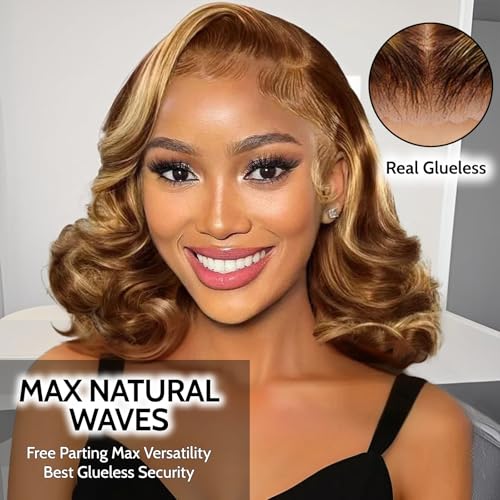 Ombre Loose Body Wavy Bob Wig Human Hair Glueless 6X5 HD Lace Wigs Human Hair Pre Plucked 200 Density 100% Remy Human Hair Wigs 4/27 Brown Blonde Wigs Ready To Go for Women 10 Inch