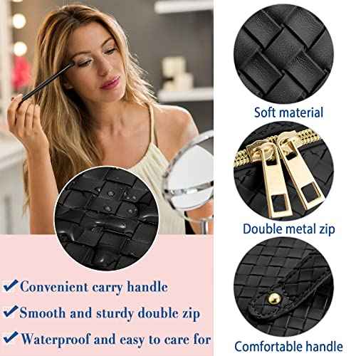 Travel Makeup Bags Large Capacity Women Checkered Cosmetic Bag Portable PU Leather makeup Organizer Bag Open Flat for Easy Access(B-Blcack)