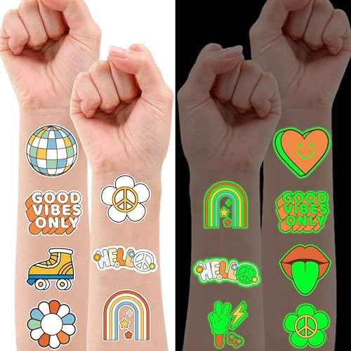 96PCS Groovy 70s Pre-Cut Temporary Tattoos - Retro Flower Power, Good Vibes Party Decorations & Favors | Cute Tattoos Stickers Gift for Kids, Boys & Girls, Prize Supplies