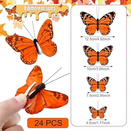24 Pcs Monarch Butterfly Decorations Monarch Butterfly Hair Clips Feather Barrettes Clips Decor Artificial Fake Flying Creatures for Craft Cosplay Wedding Party, 4 Sizes(Orange)