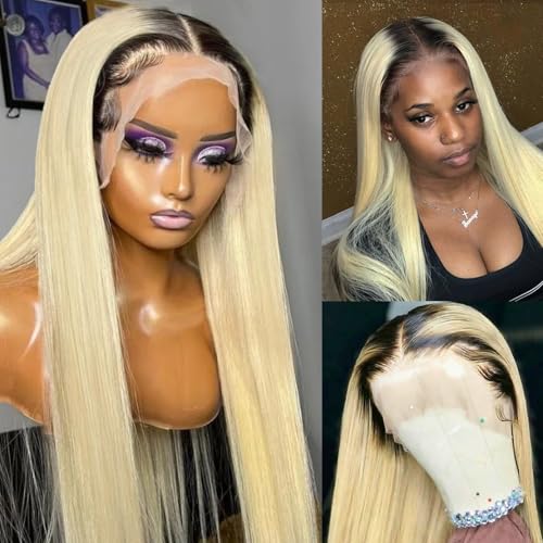 Blonde Ombre Lace Front Wig Human Hair 1B613 13x4 Straight Ombre Human Hair Wigs for Black Women 150% Density Glueless Ombre Blonde Lace Front Wigs with Dark Roots 20 Inch Pre Plucked Hairline