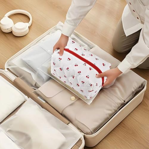 Floral Makeup Bag,Floral Quilted Makeup Pouch,Large Cosmetic Bag,Fashionable Travel Makeup Pouch, Cute Cherry Make up Bag,Puffy Coquette Makeup Bag, Attractive Quilted Make up Bag