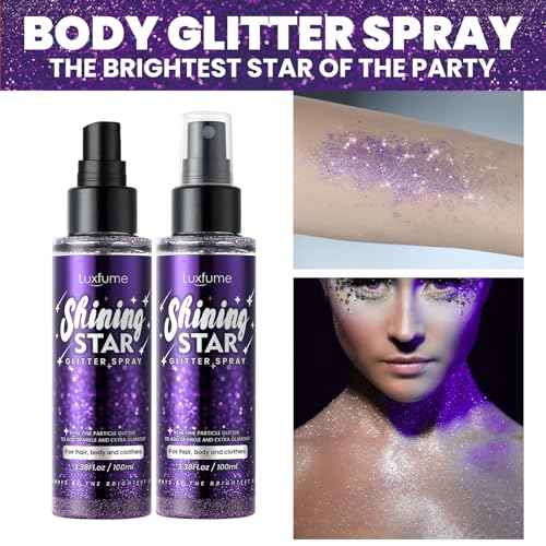 Body Glitter Spray, Glitter Hairspray, Purple Body Glitter Spray, Quick-Drying and Waterproof Glitter Hairspray, Nozzles are not Easily clogged, Long-Lasting Body Shiny for Stage Makeup, 3.38Oz