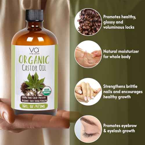 VITAL AFFAIR Pure Castor Oil Organic Cold Pressed Unrefined Glass Bottle-USDA Certified for Castor Oil Pack Wrap for Face,Hair Growth,Eyelashes,Eyebrows-16oz