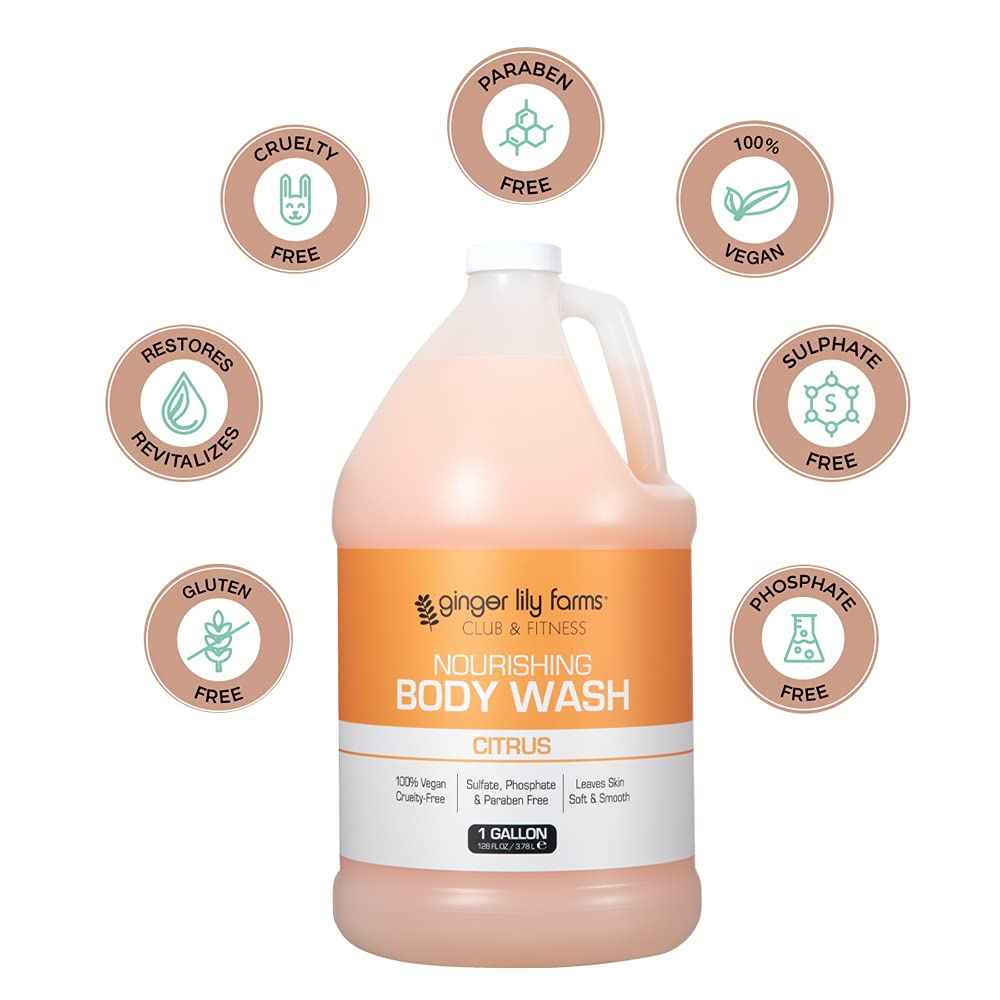 Ginger Lily Farms Club & Fitness Nourishing Body Wash, 100% Vegan & Cruelty-Free, Citrus Scent, 1 Gallon Refill (Pack of 4)