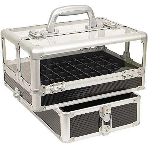 JC Beauty 7 in 1 Professional Interchangeable Rolling Makeup Nail Tech Train Case Travel Storage Clear Acrylic, Black Stripe