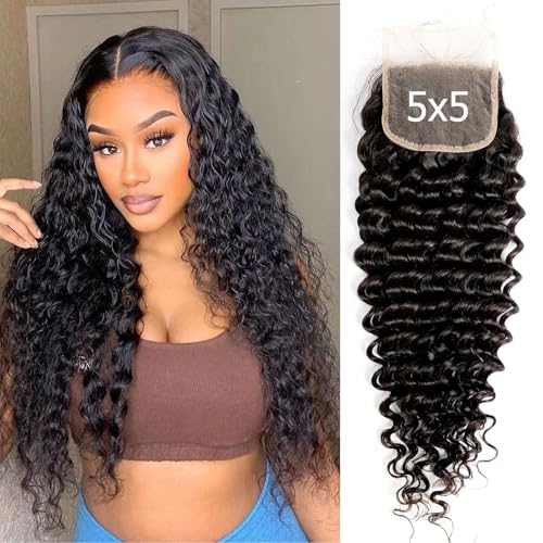 Closure Human Hair 5x5 HD Lace Closure Human Hair Clsoure Deep Wave Transparent HD 5x5 Lace Closure Deep Curly Closure Raw Virgin Human Hair Pre Plucked Natural Black 1B Color 22 Inch