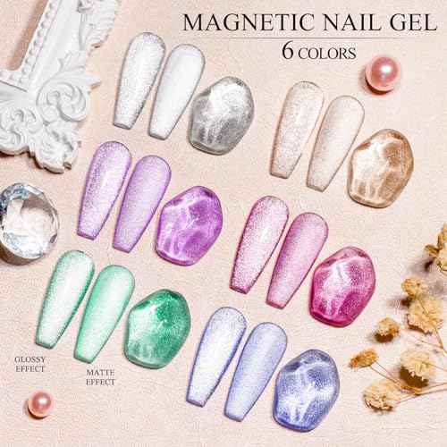 MEET ACROSS Ice Cat Eye Gel Nail Polish Set Soak Off UV LED Light Starry Sky Effect Magic Gel Nail Polish Kit Manicure Nail Art Gift Kit 6 Colors Free Magnet Stick