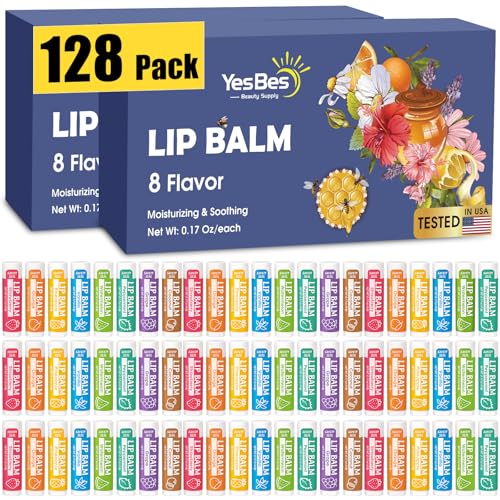 128 Pack Lip Balm, Natural Lip Balm Bulk with Vitamin E and Coconut Oil, Moisturizing Lip Balms for Dry Cracked Lips, Lip Balms for Stocking Stuffers - 8 Flavors