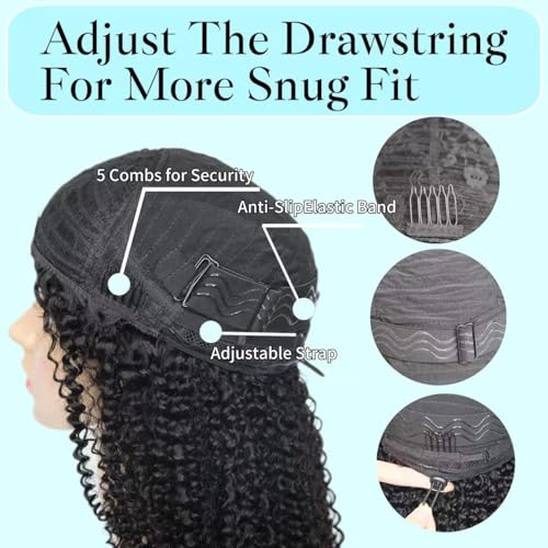 Kinky Curly Half Wig Human Hair Drawstring Seamless Flip Over Half Curly Wig Human Hair Invisible Hairline Glueless Wear and Go Wigs For Black Women Beginner Friendly 16Inch 200% Density