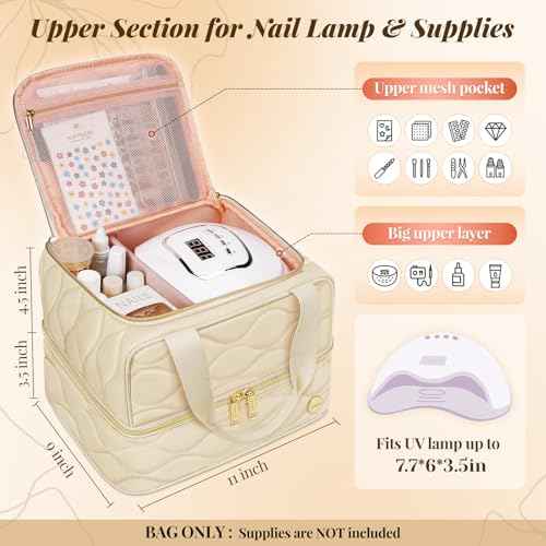 YOREPEK Nail Polish Organizer Case Holds 42+ Bottles (15ml/0.5 fl.oz), 2-Layer Nail Kit Bag with Compartments for Nail Supplies, UV Lamp, Nail Tech Organizers and Storage for Manicure Tools, Beige