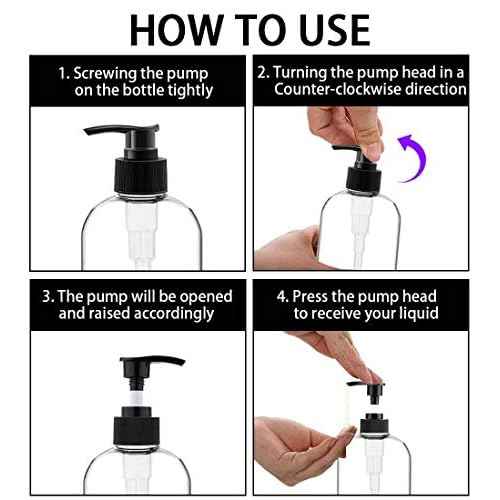 Empty Plastic Pump Bottles Dispenser 4 Pack 16oz/500ml Portable Clear BPA-Free Cylinder Shampoo Lotion Hand Pump Bottle Durable Refillable Containers