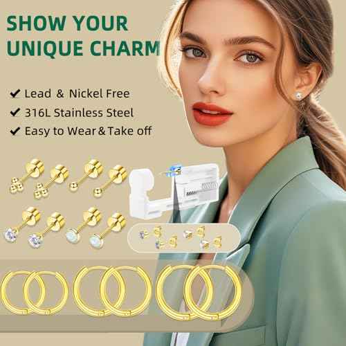 26 Pcs Ear Piercing Kit Ear Disposable Piercing Gun Kit Includes 4 Pcs Self Piercing Gun 18 Pcs Cubic Zirconia Earrings Stud Hoop Earrings 4 Cleaning Pads Easy-to-Use Ear Piercer Kit Tool