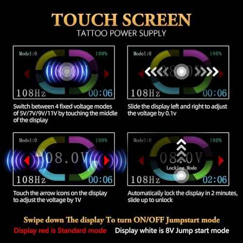Tattoo Power Supply - Ambition S1 Plus Touch Screen Tattoo Battery Wristband Supply Portable RCA Tattoo 2400mAh Lithium Battery Pack with LCD Touch Display for Rotary Tattoo Machine