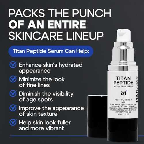 Titan Anti-Aging Peptides Serum for Face ? High Potency Mens Peptide Serum Moisturizer ? Mens Skin Care ? Men, Dark Spots, Wrinkles, Fine Lines ? Peptides, 5% Niacinamide, HA ? Unscented
