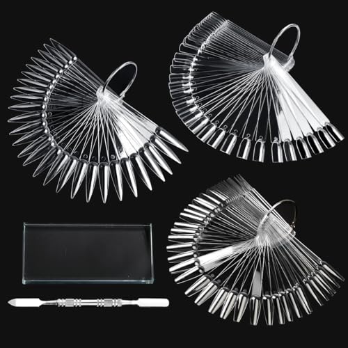 150pcs Nail Swatch Sticks with Ring, Clear Fan-shaped Nail Color Swatches with Palette Spatula Tool for Nail Polish Display Practice Nail Techs Must Haves Nail Supplies