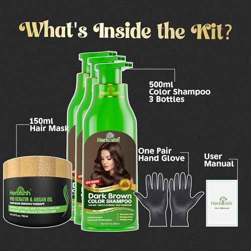 Herbishh Ultimate 3pcs Hair Color Shampoo Dye +1 Argan Hair Mask, Smooth and Long Lasting for Grey Hair Men & Women Easy & Quick to Use-Combo4 (Dark Brown)