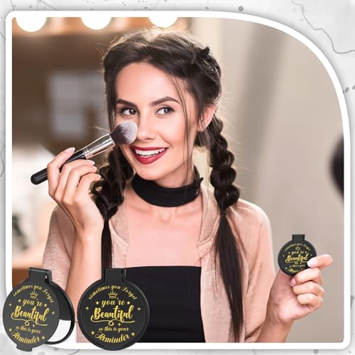 100 Pcs 2.76 Inch Inspirational Compact Mirror Bulk Party Favors Quinceanera Gift Purse Small Mirror Pocket Mini Gifts for Women Adult Coworker Halloween Christmas Friends (Black)