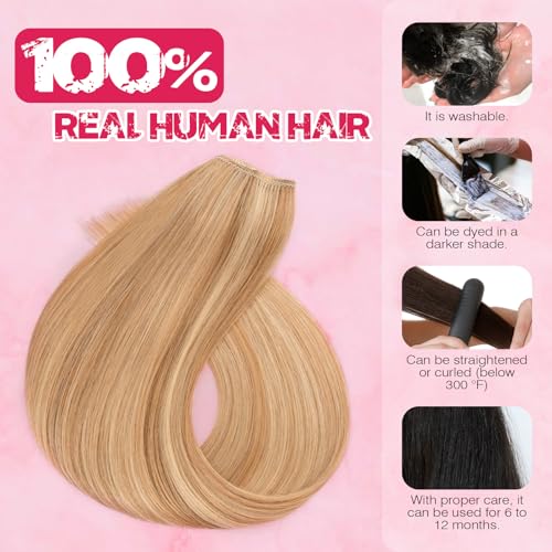 Halo Hair Extensions Real Human Hair, MY-LADY Adjustable Halo Extensions Real Human Hair, 18 inch Golden Brown mix Bleach Blonde Women's Long Straight Hair Invisible Wire Hair Extensions