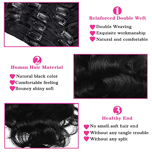 22Inch Clip in Hair Extensions Real Human Hair Body Wave 8Pcs Brazilian Human Hair Clip in Extensions with 18Clips Double Lace Weft 120g #1B Natural Black