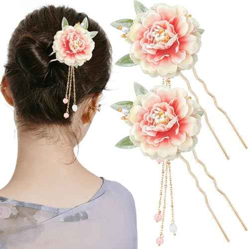 2 Pcs Flower Chinese Tassel Hair Stick Silk Artificial Blossom Hair Pins Japanese Hanfu Hair Chopsticks Retro Floral Crystal Pearl Wedding Headpiece Brides Hair Styling Accessories for Long Hair Women