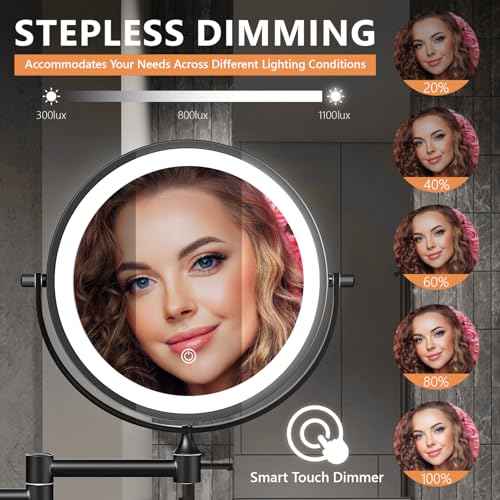 Auxmir 1X/30X Wall Mounted Makeup Mirror with Light, 8" Rechargeable Double-Sided Magnifying Mirror, Vanity Mirror Dimmable 3 Color Light, 360¡Æ Extension Rotation Foldable 14.5 Inch Arm, Black