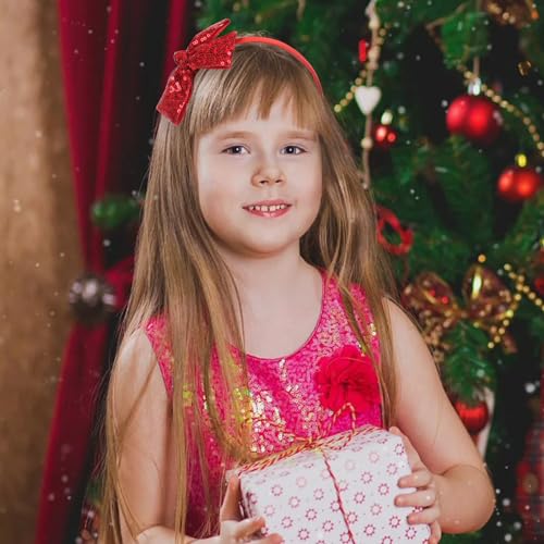 Kiszu Sparkly Sequin Hair Bow Headband for Girls, Kids, and Toddlers - Fashion Cute Boutique Style Hair Accessory - 1 Piece (Christmas Red)