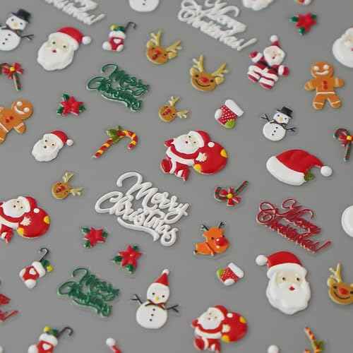 1 Sheets Christmas Nail Art Stickers Decals 5D Self-Adhesive Pegatinas U?as Santa Claus Snowman Gingerbread Man Xmas Winter Holiday Cute Elk Nail Supplies Nail Art Design Decoration Accessories