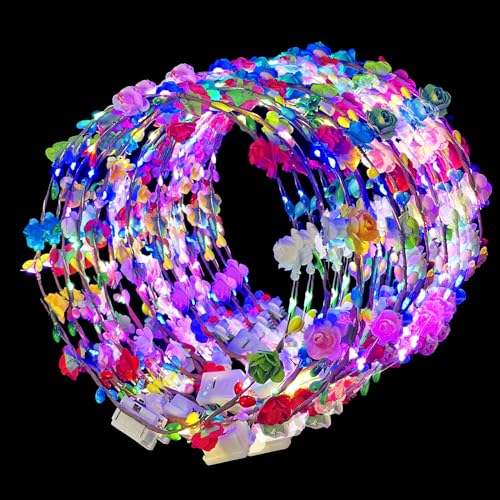 50 Pcs LED Flower Crowns Headbands,Flower Crowns For Women,Mardi Gras Light Up Headbands Tiara Flower Crown Accessories for Wedding Beach Party Birthday Cosplay Halloween Christmas Day
