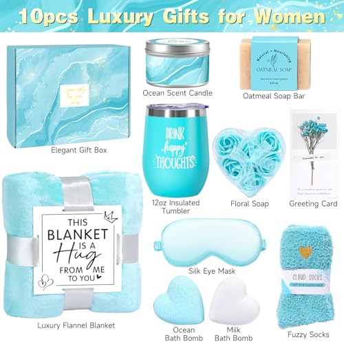 Birthday Gifts for Women, Christmas Self Care Gifts Get Well Soon Gifts Basket, Ocean Relaxing Spa Gifts Care Package w/Luxury Flannel Blanket, Unique for Mom Her Friend Sister