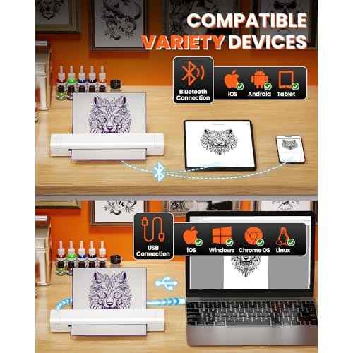 COLORWING M08F Portable Wireless Tattoo Stencil Printer, Thermal Inkless Bluetooth Tattoo Stencil Machine with 10pcs Tattoo Transfer Paper, Ideal for Tattoo Artists & Beginners - White