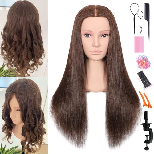 27" Female Mannequin Head with Shoulder 90% Human Hair and 10% Synthetic Hair Practice Hair Braiding Training Head Hair Styling Cosmetology Manikin Head Doll Head for Hairdresser (Brown Color)