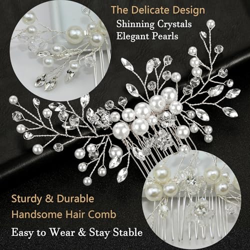 5 Pieces Wedding Hair Accessories: Pearl Crystal Rhinestone Hair Comb, Hair Pins for Brides, Bridesmaids, Women, Girls (Silver, Gold)