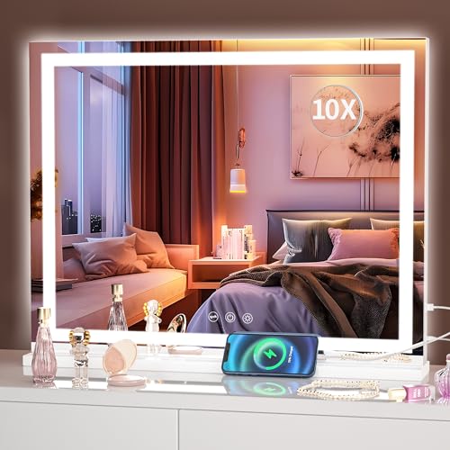 Hasipu Vanity Mirror with Lights, 23" x 18" LED Makeup Mirror, Lighted Makeup Mirror with Dimmable 3 Modes, Touch Screen Control Vanity Mirror Square White
