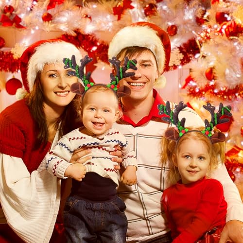 12 Pcs Reindeer Antlers Headband, Glitter Sequins Christmas Ears Headband, Deer Hairbands for Kids & Adults, Perfect for Holiday Photo Booth Props & Party Favors