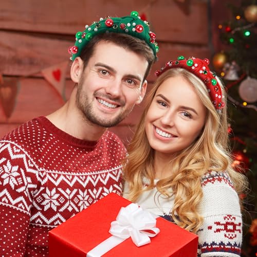 TailaiMei 2Pcs Christmas Rhinestone Knotted Headband for Women, Red & Green Jeweled Crystal Embellished Ladies Twist Wide Hair Band Accessories Holiday Makeup Hair Hoop Gifts (Pearl)