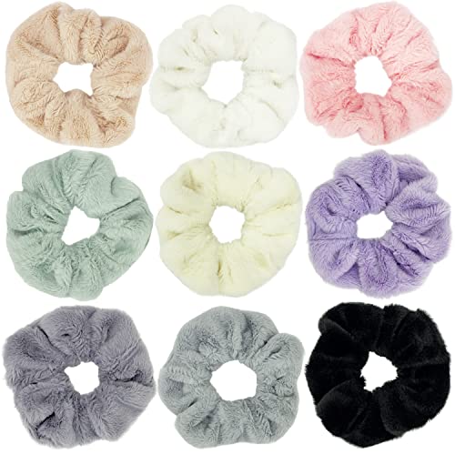 BETITETO Furry Hair Scrunchies Fluffy Bobbles Hair Elastic Ponytail Holder Soft for Women Girls, Pack of 9 (Multicolored Fluffy)