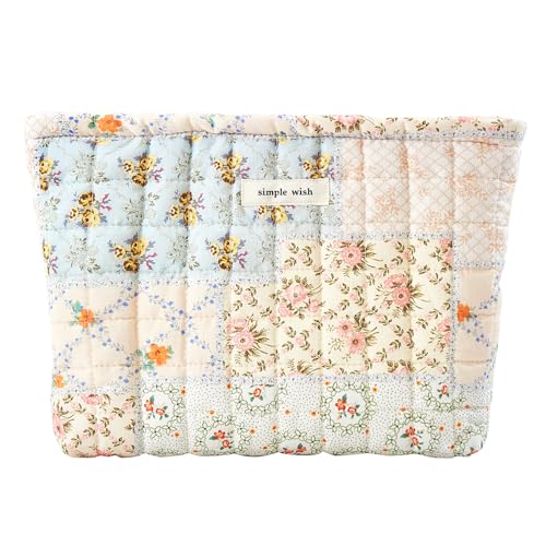 Floral Makeup Bag Pouch - Large Capacity Quilted Cosmetic Organizer for Travel Daily, Aesthetic Cottagecore Cotton Toiletry Purses with Zipper, Portable Gift for Women (Blue Floral-L)
