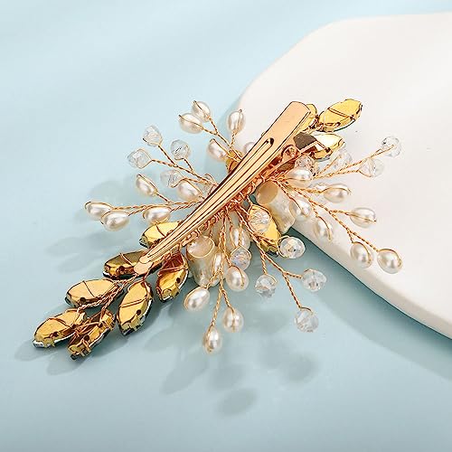 Teyglen Crystal Bridal Hair Clip Wedding Flower Green Rhinestone Hair Clips Handmade Pearls Crystal Hair Pieces Barrette Wedding Hair Accessories for Bride Floral Flower Headpieces for Women Girls