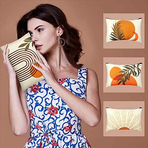 Pinkunn 6 Pcs Boho Makeup Bag Canvas Cosmetic Bags Makeup Pouch for Purse Sunshine Ray Retro Natural Linen Zipper Preppy Pouch Cute Organizer for Women, Bobo Style