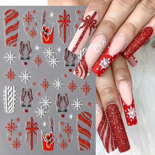 8Pcs Christmas Nail Stickers 5D Embossed Nail Decals Glitter Xmas Candy French Snowflake Gift Bow Elk Bear Nail Design Christmas Gingerbread Man Nails Supplies for Women Winter Holiday Manicure DIY