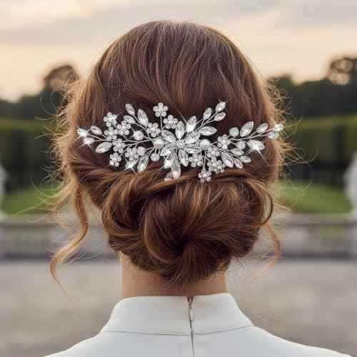 Unsutuo Crystal Bride Wedding Hair Comb Silver Rhinestone Flower Bridal Hair Pieces Pearl Wedding Hair Accessories for Women and Girls(Silver)