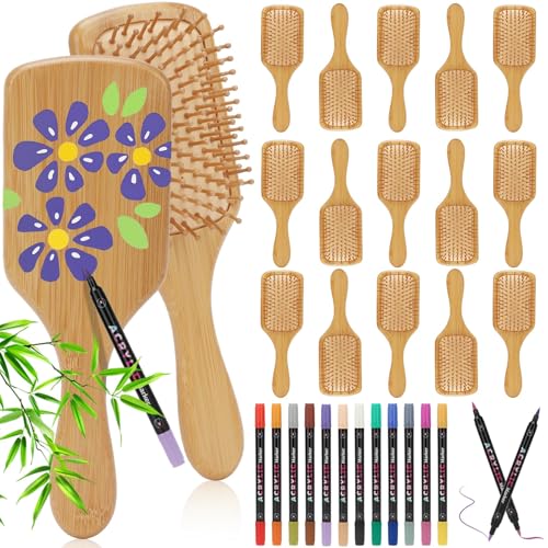 16 PCS Bamboo Hair Brush for Hair Growth Natural Bamboo Paddle Hairbrush with 12 Multicolor Pens Massaging Scalp Brush for Women Men Detangling Curly Thick Wavy Hair DIY Gift for Crafts